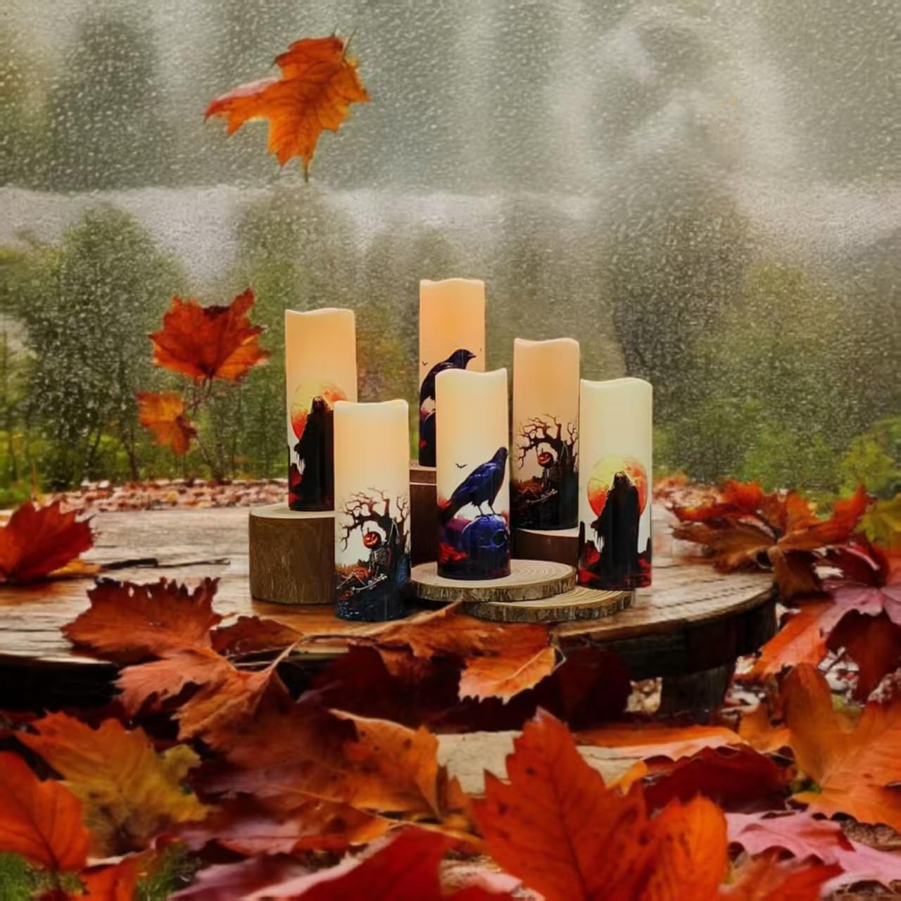 Halloween Flameless LED Candles, Set of 6, Gothic Design with Remote Control, 6 in x 2.15 in, 2AA Battery Operated 400+ Hours, Timer Function, Halloween Decorations in Fall, Indoor/Outdoor Ues.