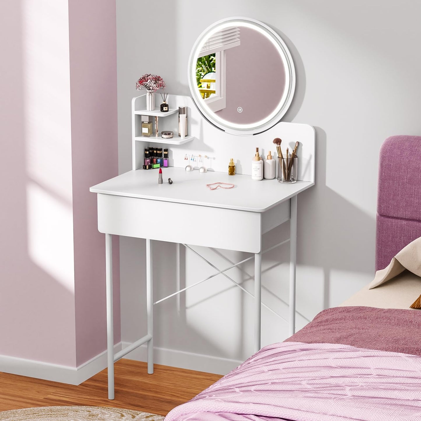 OSKOPWRC Small Makeup Desk, White Makeup Table with LED Lighted Mirror, Dressing Table Drawer, Open Shelves, Adjustable Brightness, Elegant for Women Small White
