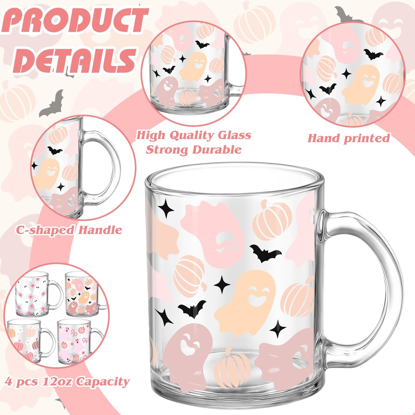 Tioncy 4 Pcs Halloween Ghost Coffee Mugs 12 oz Ghost Glass Cups with Handle Spooky Coffee Cup Pink Mug Cute Gifts Drinking Containers for Halloween Holiday Party Drinkware Accessories