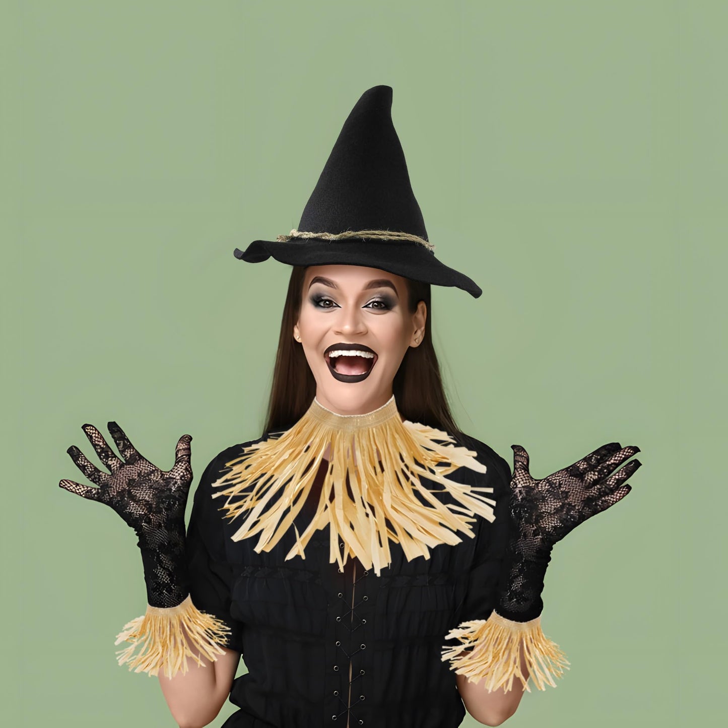 Nicky Bigs Novelties Adult Deluxe Felt Scarecrow Hat Rope Belt Straw Kit 11 Piece Accessory Set Oktoberfest Witch Hillbilly Costume, Black, One Size