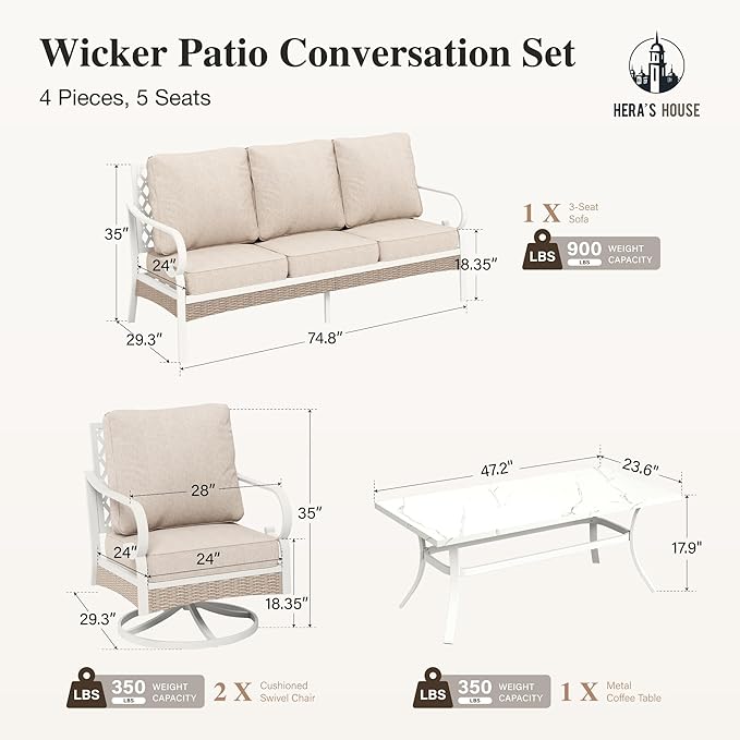HERA'S HOUSE 4-Piece Patio Furniture Set with Metal & Rattan Design, Includes 2 Swivel Chairs, 3-Seat Sofa & Marble Coffee Table, All-Weather Outdoor Conversation Set for Garden Backyard, Beige