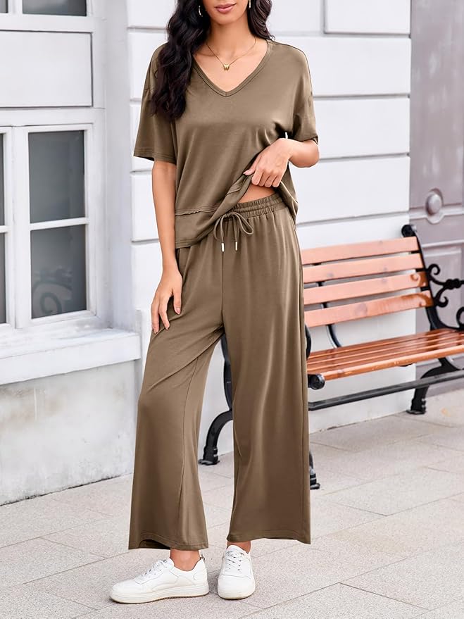 Tankaneo Womens 2 Piece Sets Casual Tracksuits Short Sleeve Tops Wide Leg Pants Outfits Lounge Sets
