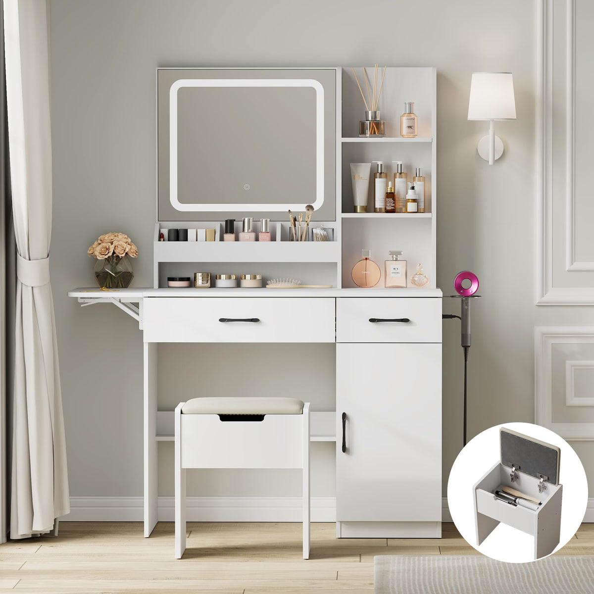 Dowinx Vanity Desk with Mirror and Lights, Power Outlet Makeup Vanity Table with 3 Drawers and 7 Shelves Dressing Table with Storage Stool for Girls Bedroom Dressing Room, White