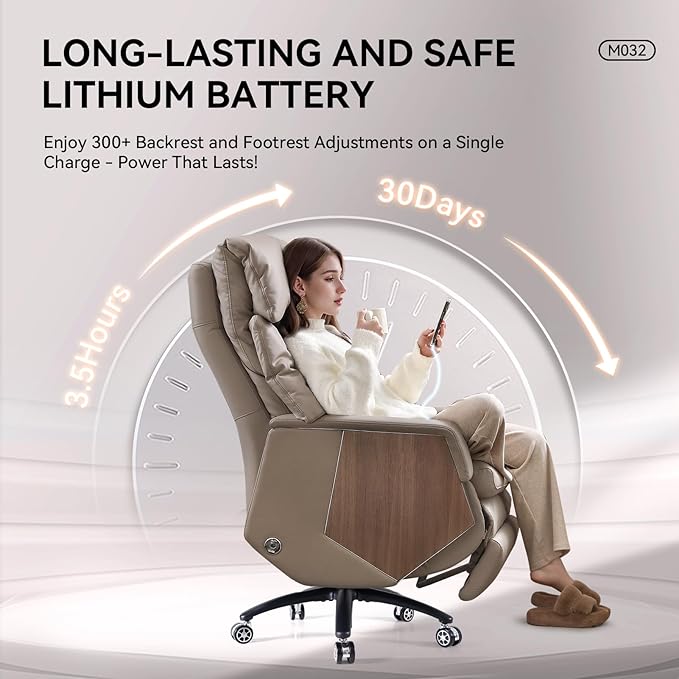 EMIAH Ergonomic Office Chair with Footrest Electric Reclining Executive Office Chair Big and Tall with Massage and Ventilation High Back Comfortable Swivel Desk Chair, Genuine Leather (Light Khaki)