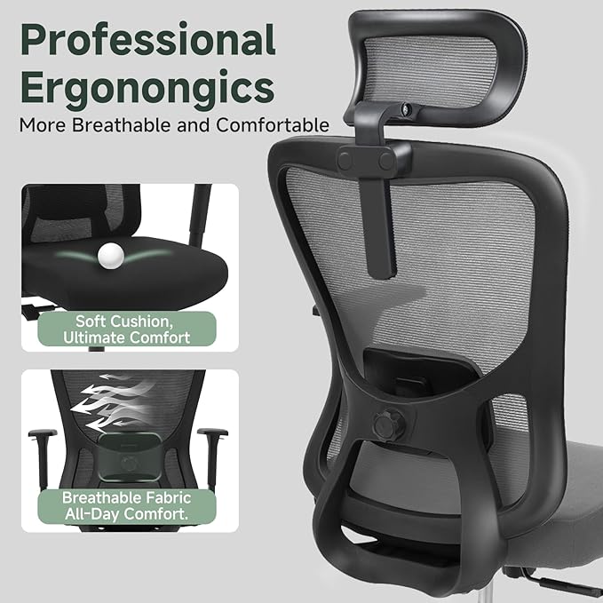 ZYFFHYLAI Ergonomic Office Chair - 350LB Mesh Office Chair with Adjustable Lumbar, High Back Computer Desk Chair with 3D Armrest, Comfy Chair with 2D Headrest & Tilt Function for Study, Work, Gaming