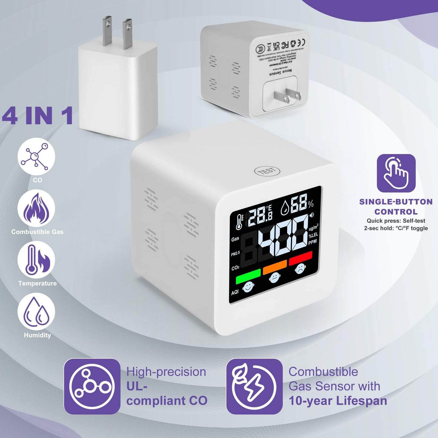 Plug-in 4-in-1 Gas & CO Detector with Temp/Humidity - Natural Gas, Propane & Methane Detector for Home, RV & Apartments (1, White-Beep Edition)
