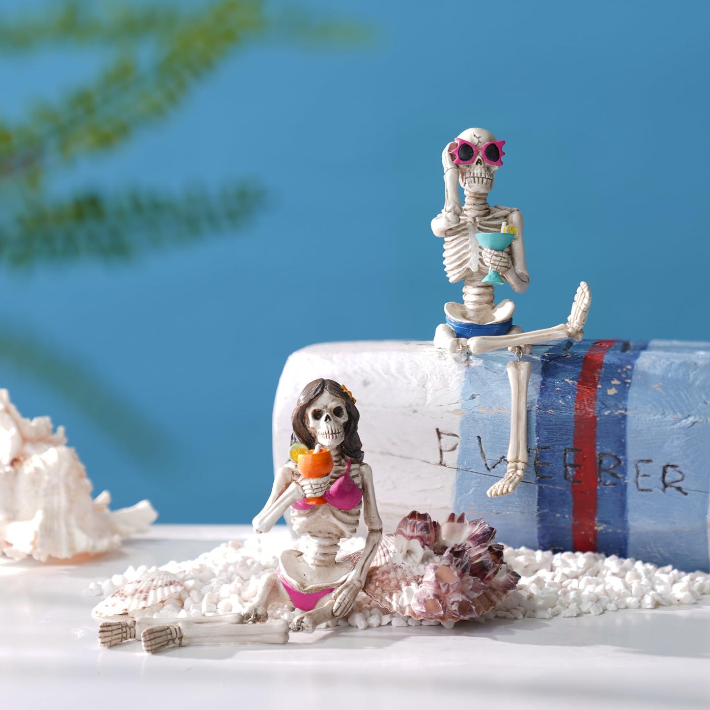 Summer Decorations Halloween Skeleton Statue - Collectible Figurines Summerween Couple with Dangling Leg Bikini Sunglass 7.5H in Perfect for Coastal Tropical Ocean Beach Pool Decor Newman House Studio