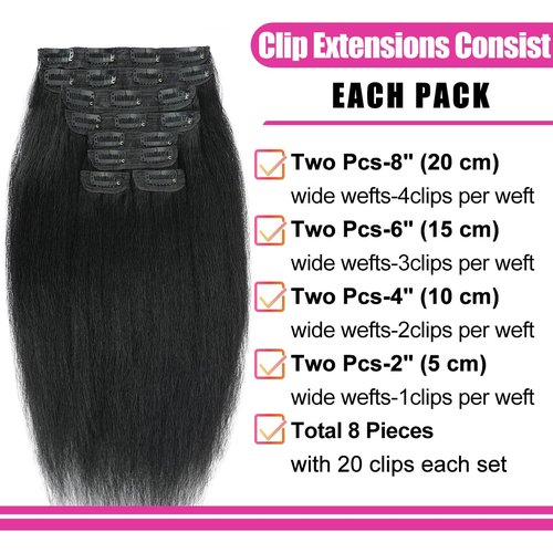 Kinky Straight Clip ins 8Pcs 110g 24 Inch Kinky Straight Clip in Hair Extensions Real Human Hair Brazilian Remy Human Hair Extensions for Women Per Set with 20 Clips Double Weft Natural Black