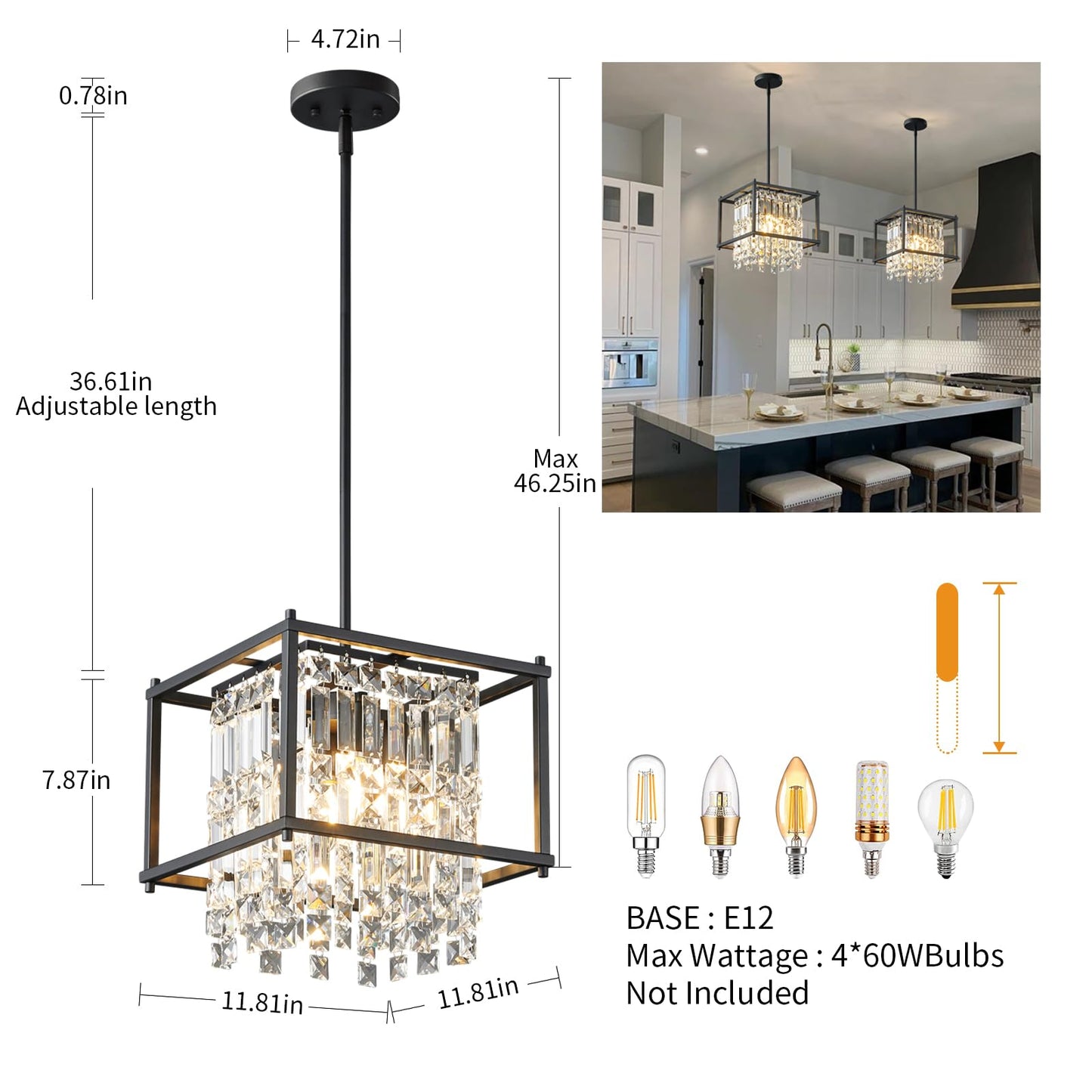 LMQNINE Modern Foyer Chandelier, Black Crystal Chandelier Entryway Light Fixture, Square Adjustable Height Chandeliers for Kitchen Island, L11.81'' x H7.87''