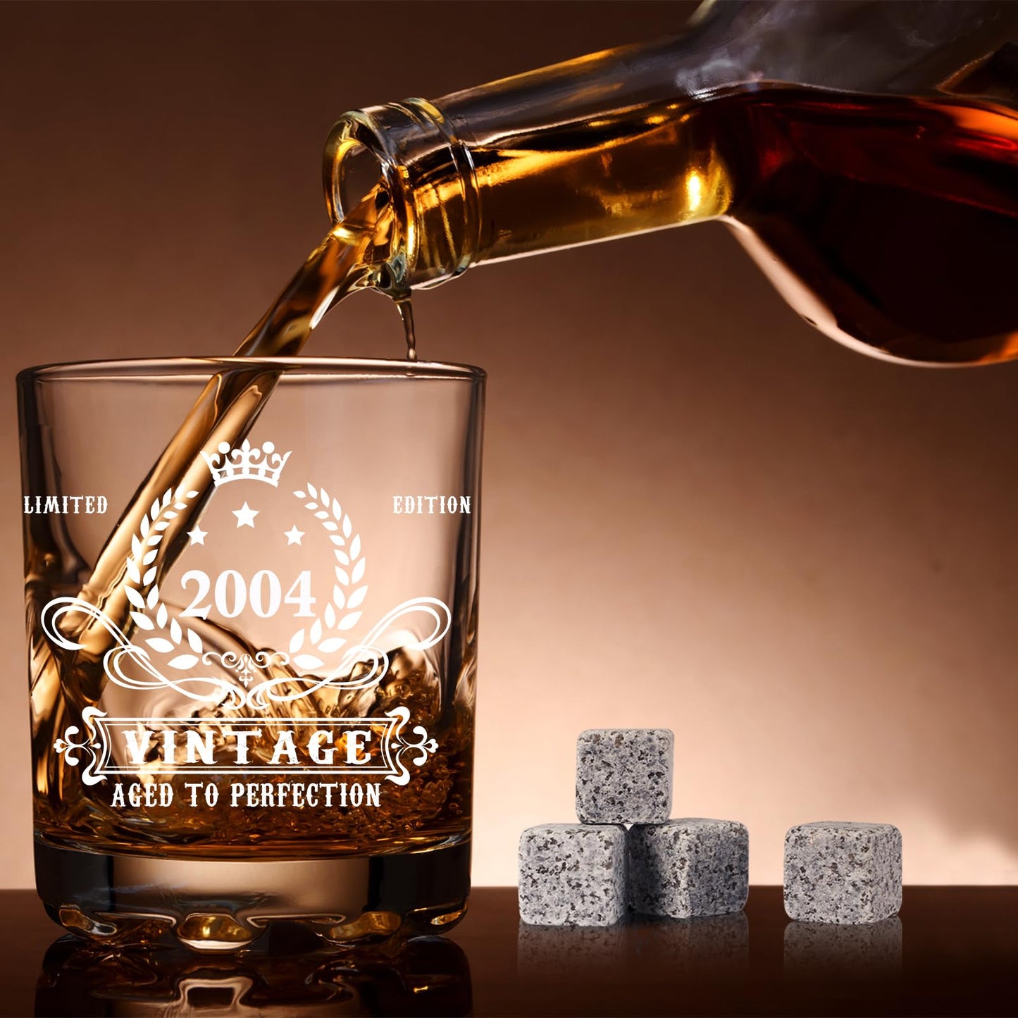 YeohJoy 21st Birthday Gifts for Him,Vintage 2004 Whiskey Glass Set,Wood Box &2004 Poster Anniversary Card & Whiskey Stones & Coaster,Bday Gifts Ideas for Him, Dad, Husband