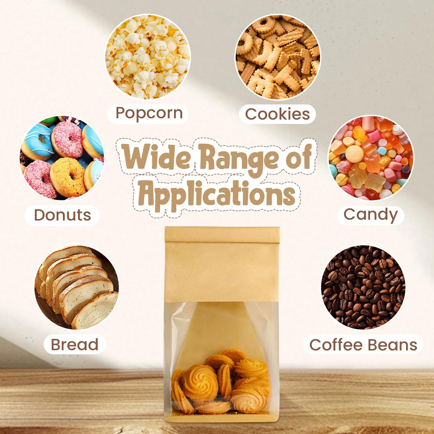HONKID Bread and Cookie Bags with Seal, 50 Pack 11 x 5.1 x 3.9 Inches Bakery Bags with Window Reusable Tin Tie Tab Lock for Sealed Baked Goods Packaging for Pastry Bagels Breads Goodies Cookie Brown
