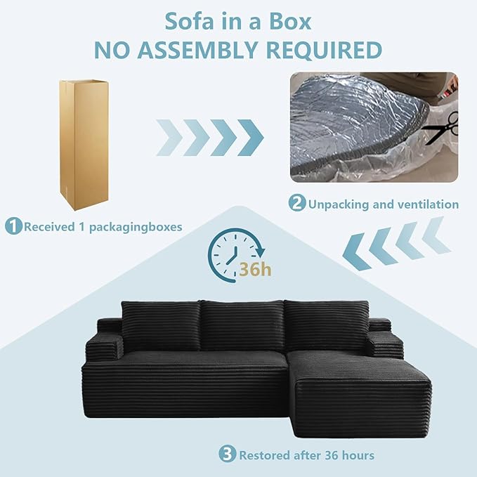 96" Cloud Sectional Couch with L-Shape Chaise, Modern Corduroy Boneless Couch for Living Room,Memory Foam Sofa with Deep Seat,No Assembly Required (Black,Right-Facing Chaise)
