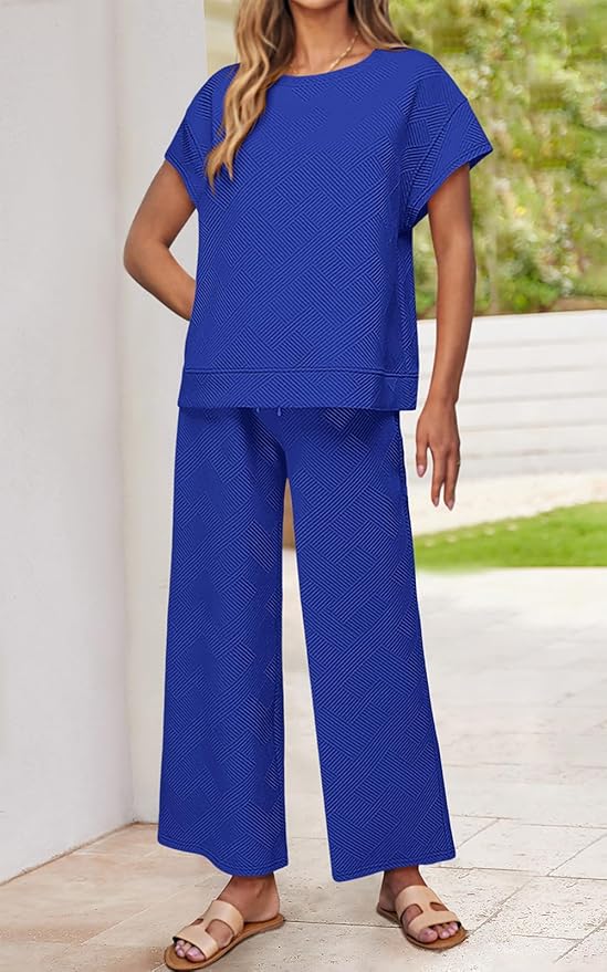PRETTYGARDEN 2 Piece Outfits For Women Casual Tracksuit Short Sleeve Tops And Wide Leg Long Pants Matching Lounge Sets