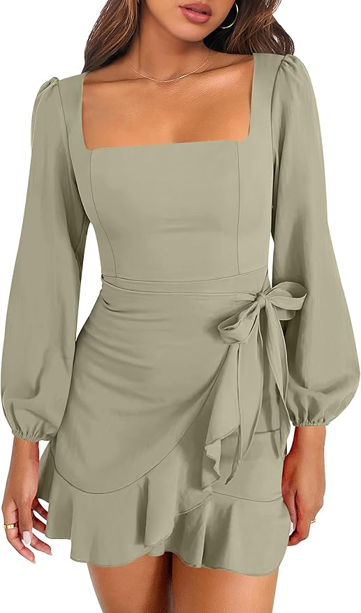 ANRABESS Womens Dress Long Sleeve Square Neck Tie Waist Ruffle Hem Short Cocktail Wedding Guest Fall Party Club Mini Dresses