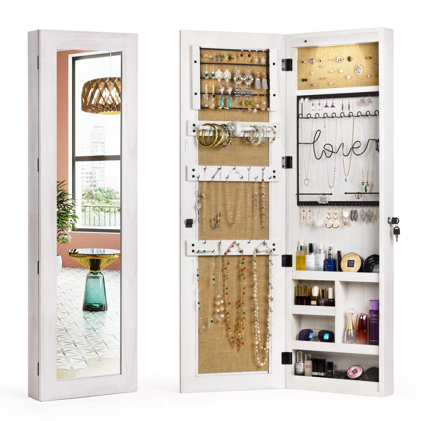 SRIWATANA Jewelry Armoire Cabinet, Solid Wood Jewelry Organizer with Full Length Mirror Wall/Door Mounted(Washed White)