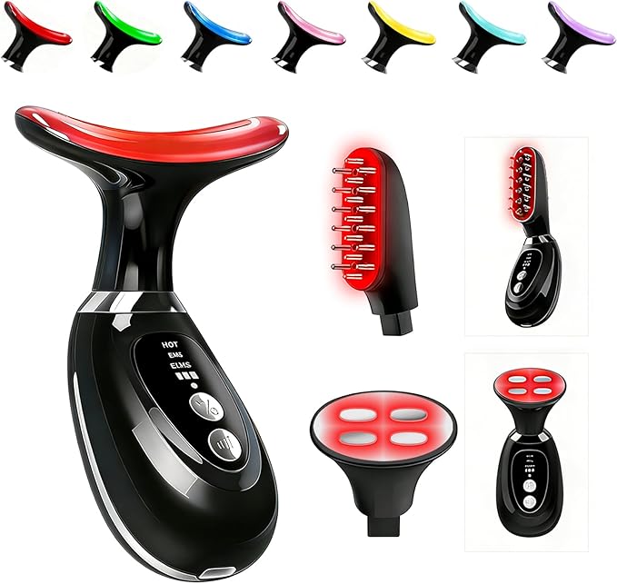 Multi-Functional-Red-Light-Therapy-for-Face and Neck-Eye-Head Massager,7 Colors Skin Rejuvenation Lifting Facial Massager for Toning,Glow Boost，Wrinkle&Dark Circle Reducer (Black)
