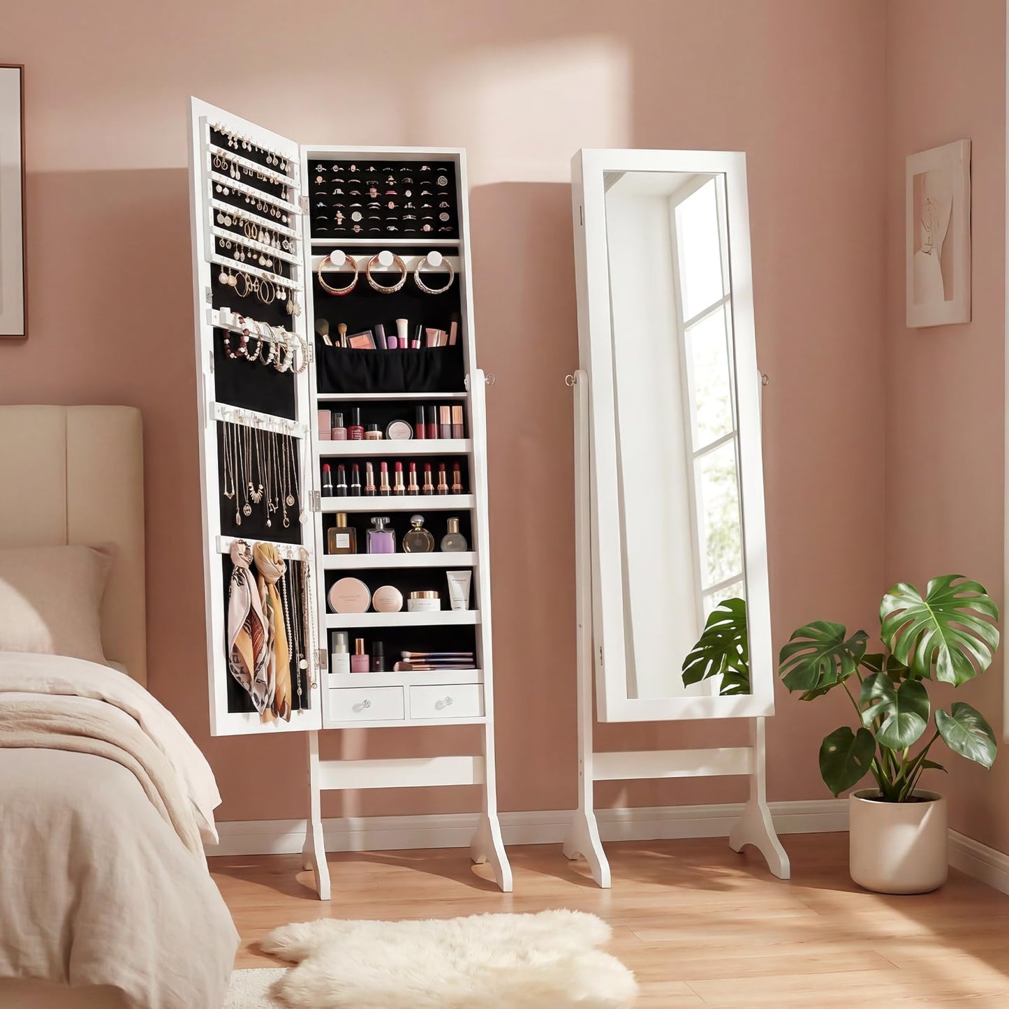 Antok Jewelry Cabinet with Full Length Mirror & Large Storage - 61" Standing Lockable Armoire Organizer, Floor to Ceiling Model for Bedroom or Dressing Room, White