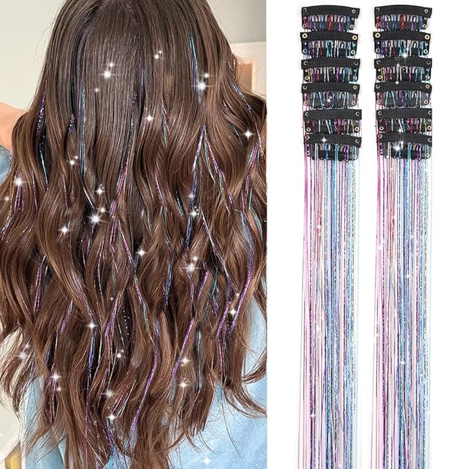 Hair Tinsel Pack of 12 Pcs Colorful Glitter Hair Accessories 20 Inch Clip in Hair Tinsel Extensions Fairy Hair Accessories...