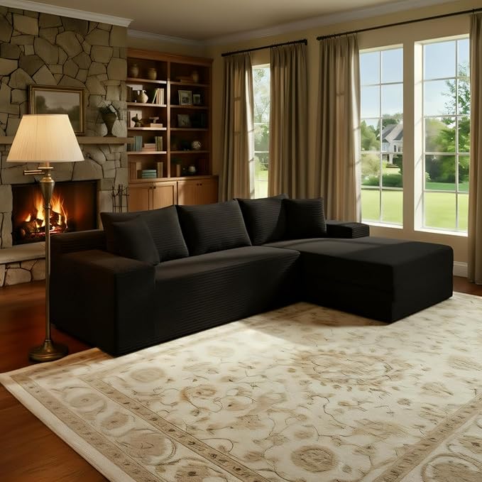 105’’ L-Shape Modular Sectional Sofa with Chaise, Convertible Cloud Couch, Corduroy Fabric & High-Density Memory Foam, No Assembly Required for Living Room (Black, Right Facing Chaise)