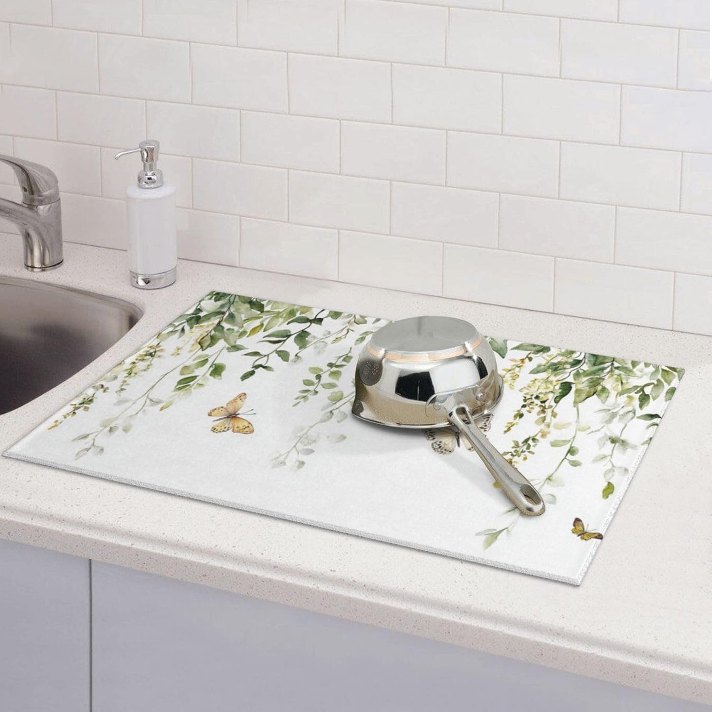 Dish Drying Mat for Kitchen Butterfly Watercolor Botanical Leaf Counter Absorbent Dishes Drainer Microfiber Large 18x24 Inch