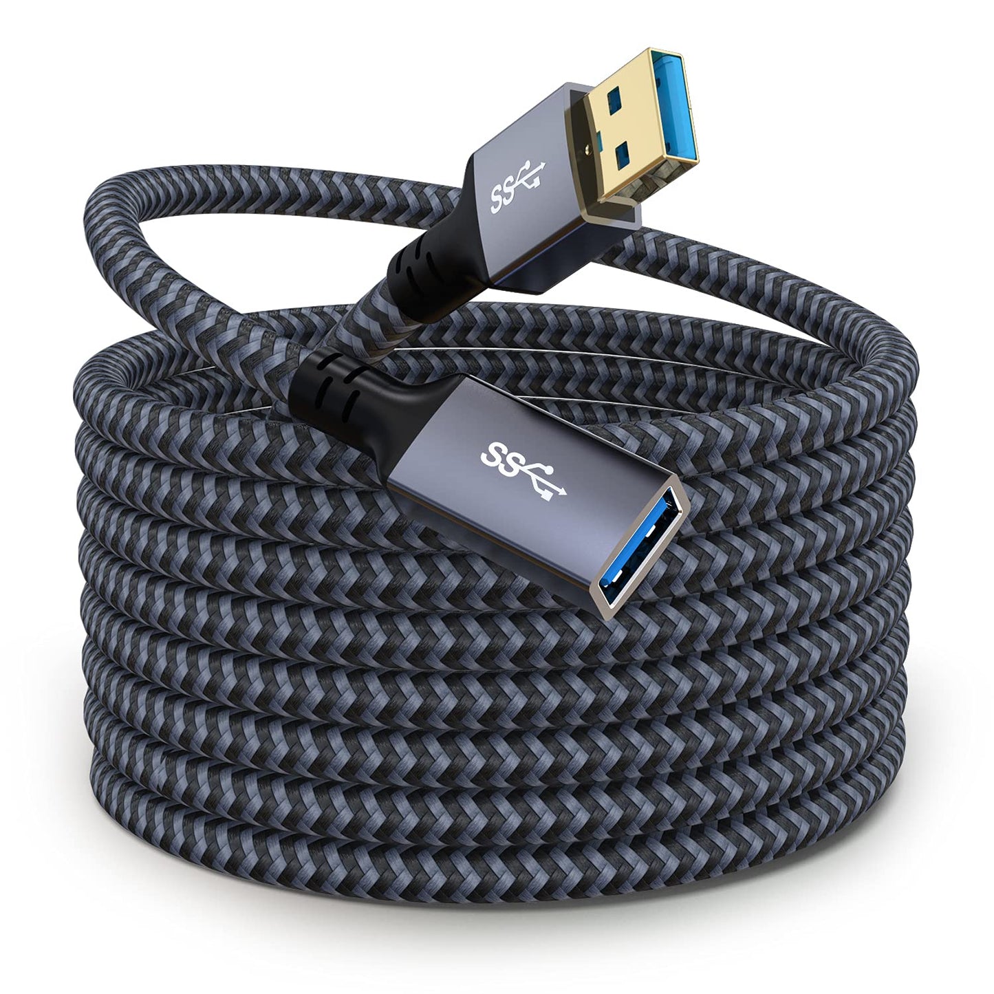 Hisatey Usb 3.0 Extension Cable 25 Ft - Nylon Braided Usb Extender For Webcam, Camera, Phone, Mouse, Keyboard, Printer And More