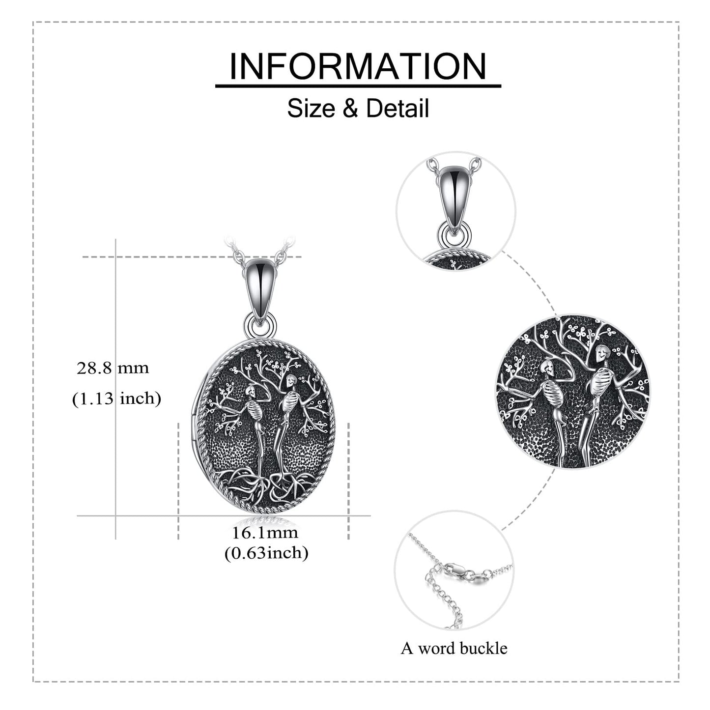 ONEFINITY Skull Locket Necklace Sterling Silver Skeleton Tree of Life Locket Necklace That Holds Pictures Couple Skull Locket Pe