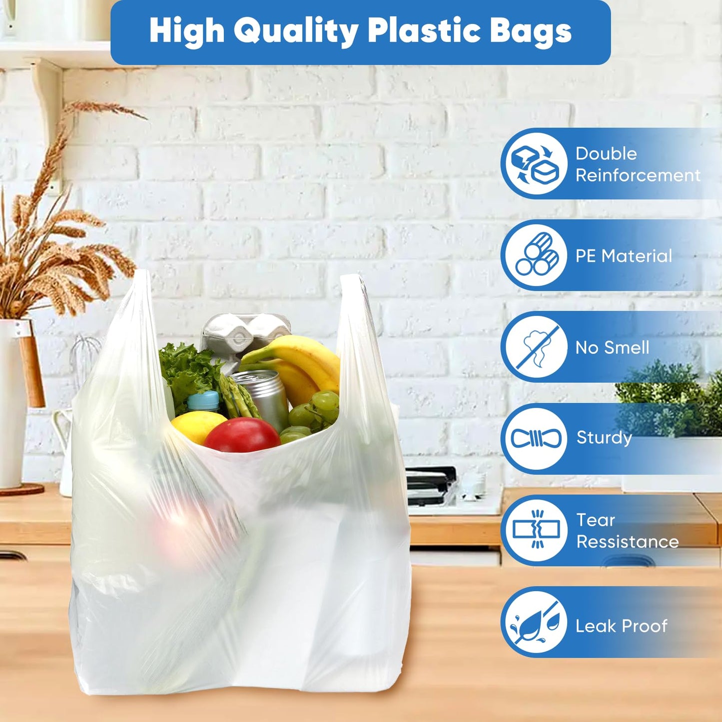 LainNeala Plastic Bags, 300 Count T Shirt Bags, Plastic Bags With Handles For Shopping, White Plastic Grocery Bag For Small Business (11"x 6"x 21"), Recyclable