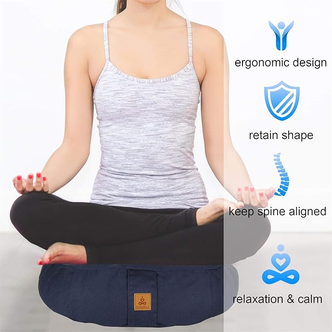 Round Zafu Meditation Cushion D=16" H=5.5" Zabuton Meditation Pillow Yoga Bolster Yoga Pillow Floor seat Zippered Organic Cotton Cover Natural Buckwheat kneeling pillow-Large