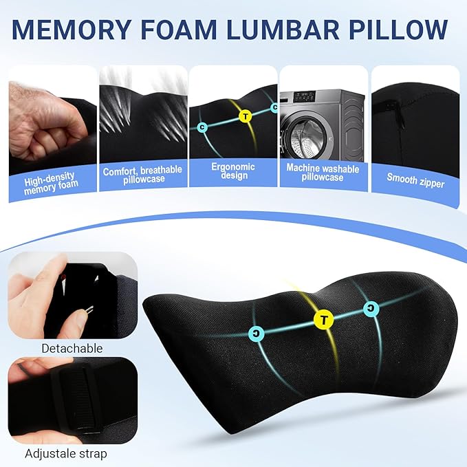 FOUSUPDT Lumbar Pillow with Adjustable Strap, Memory Foam Lumbar Support Pillow for Office Chair and Car Seat, Back Pillow for Lower Back, Back Support Pillow for Sitting, Driving, Traveling