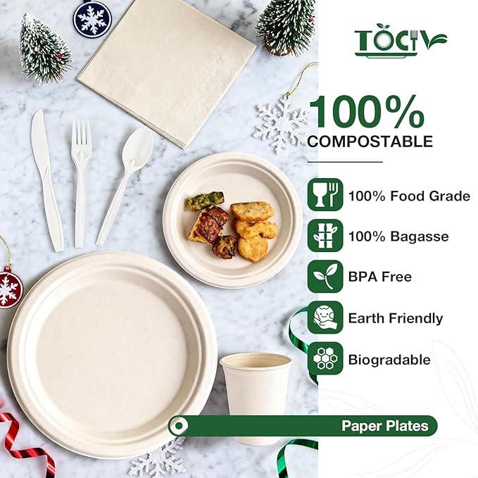 350PCS Compostable Paper Plates and Napkins Cups 10 & 7 Inch Disposable Heavy Duty Dinner Dessert Sturdy Plates and Utensils (Serve 50) Party Supplies Eco-friendly Dinnerware Set for Birthday Holiday