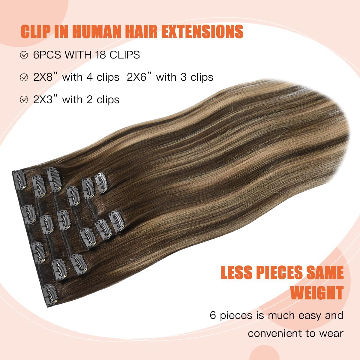 UGOTRAYS Balayage Hair Extensions Real Human Hair, Ombre Medium Brown Fading to Caramel Blonde 18 inches 120g Highlights 100% Hu