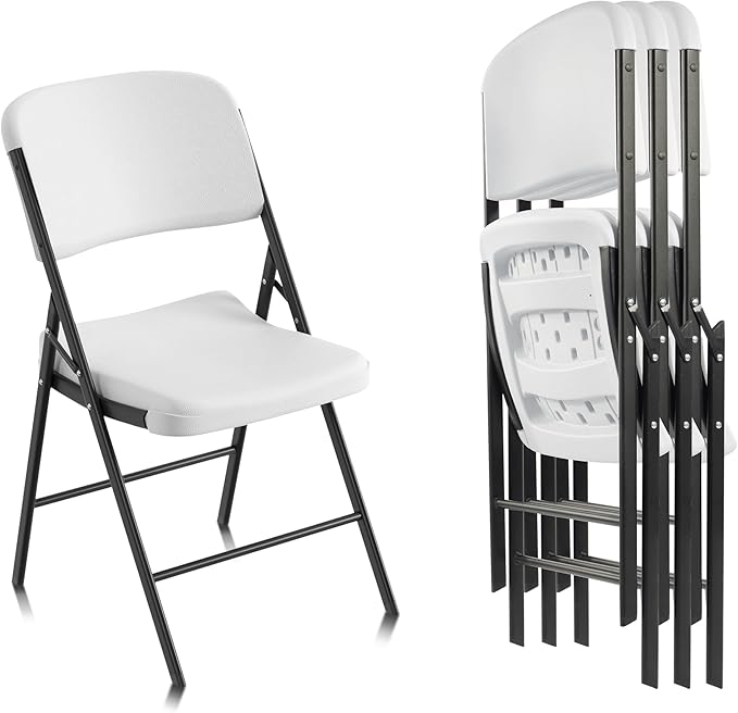 Elevon Folding Chairs Heavy Duty Plastic Chairs with 350-Pound Capacity for Home Office Camping Kitchen Dining Wedding Party Event Picnic, White, 4-Pack