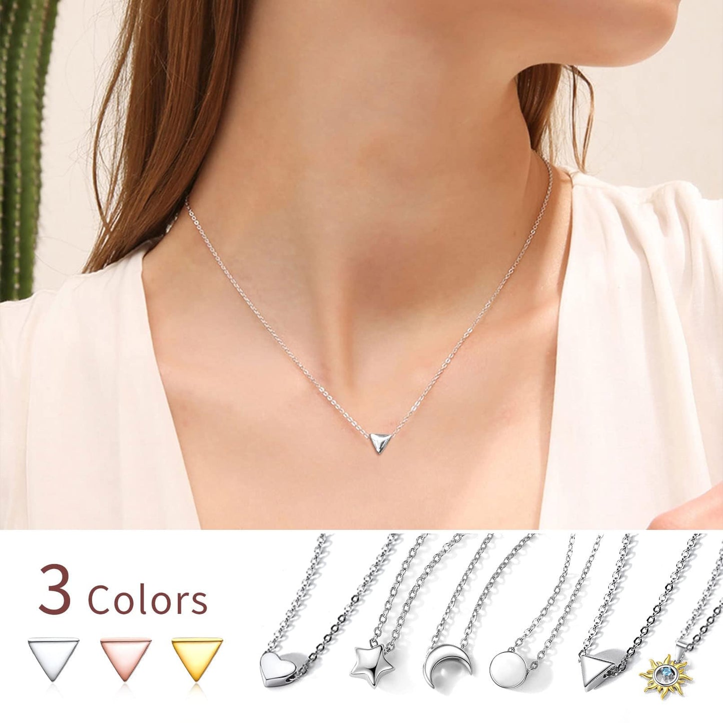 Hypoallergenic 925 Sterling Silver Tiny Pendant Necklace, Delicate Simple Geometric Triangle Necklaces for Women