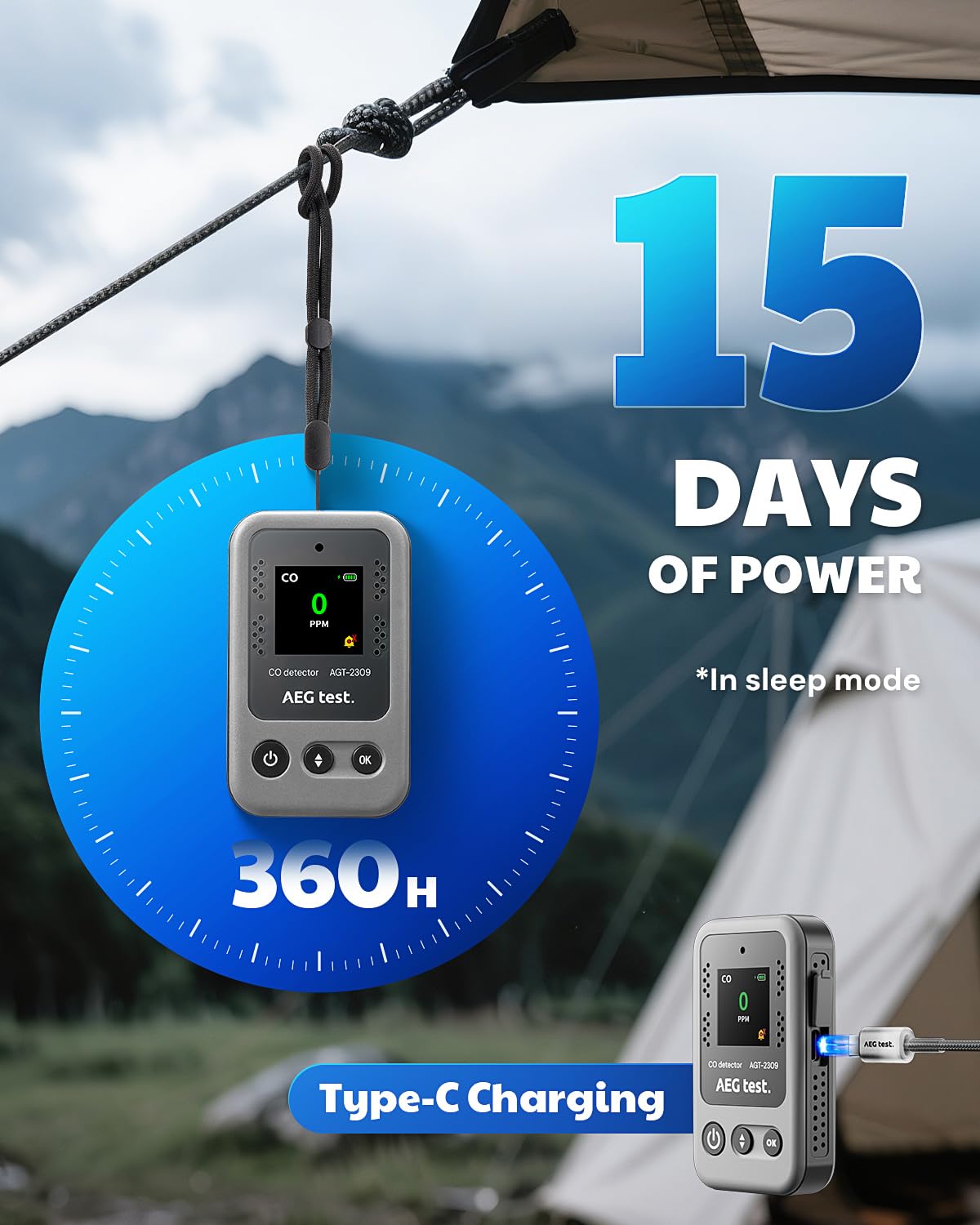 AEGTEST AGT-2309 Portable Carbon Monoxide Detector, 15-Day Standby, Rechargeable Mini CO Monitor with Lanyard for Travel & Camping, Handheld CO Meter with Audible & Visual Alerts, 0-1000ppm - Gray