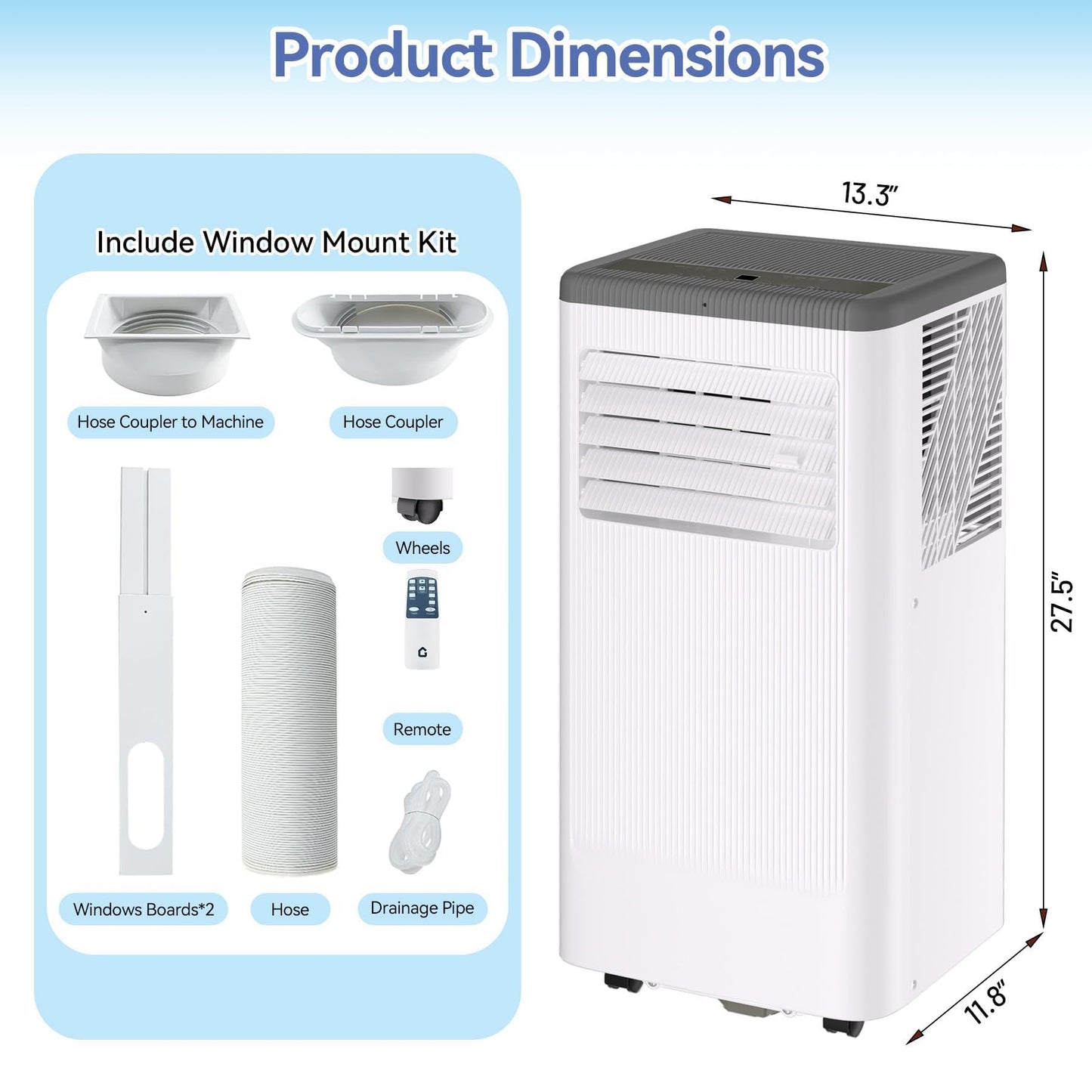 8,000 BTU Portable Air Conditioner, Smart Control, Cools up to 420 Sq. Ft., with Dehumidifier & Fan mode, Easy- to-use Remote Control for Bedroom/Dorms/Indoor Rooms, White