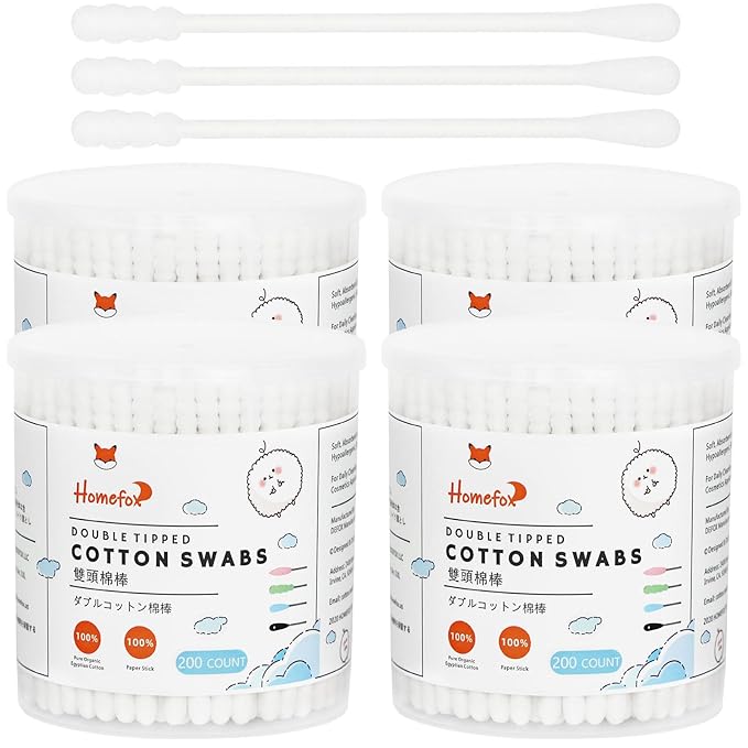 Cotton Swabs Spiral - 800 Count Organic Cotton Buds Double Side Tightly Wrapped Cotton Tips Paper Stick Soft Gentle Lint-Free Cruelty-Free, Round & Spiral (White)