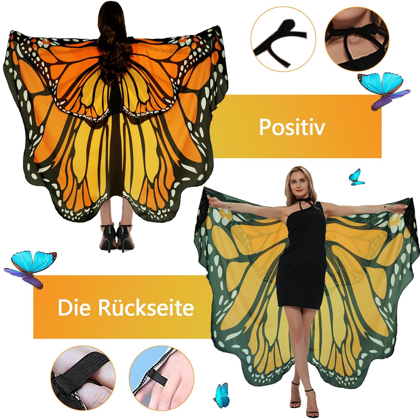 Halloween Costumes for Women Adult Double-Sided Butterfly Costumes Wing Cape Shawl 3Pcs （Orange & Yellow）