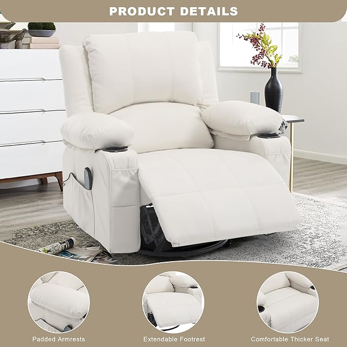 Massage Swivel Rocker Recliner with Lumbar Heat, Overstuffed PU Leather Recliners for Living Room, Modern Single Rocking Chair for Adults, Manual Rocker Recliner with Cup Holders for Bedroom, White