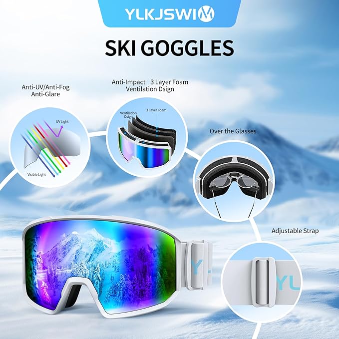 Ski Goggles for Men Women, OTG Snow Goggles, UV Protection Snowboard Goggles for Adult & Youth, Snowmobile, Sledding