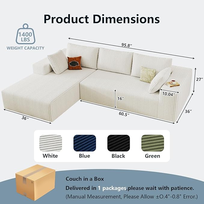 96" Cloud Sectional Couch with L-Shape Chaise, Modern Corduroy Boneless Couch for Living Room,Memory Foam Sofa with Deep Seat,No Assembly Required (White,Left-Facing Chaise)