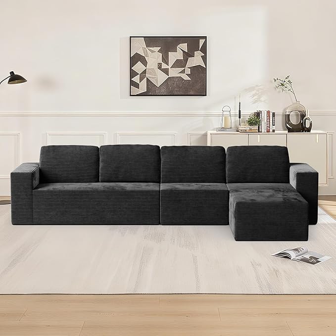 Furnify 136" Modular Sectional Sofa with L-Shape Chaise, Right/Left Facing Deep Seat Cloud Couch, No Assembly Required, Upholstered Couch for Living Room Bedroom (Black, Plush Corduroy Fabric)