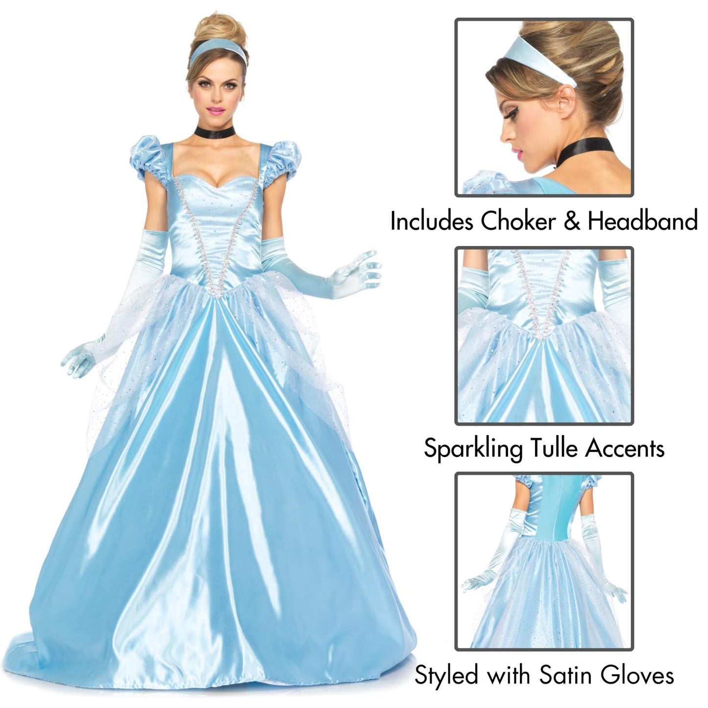 Leg Avenue 3 Piece Classic Cinderella Gown Full Length Family Friendly Princess Dress and Headband Set for Adult Women, Blue, Large
