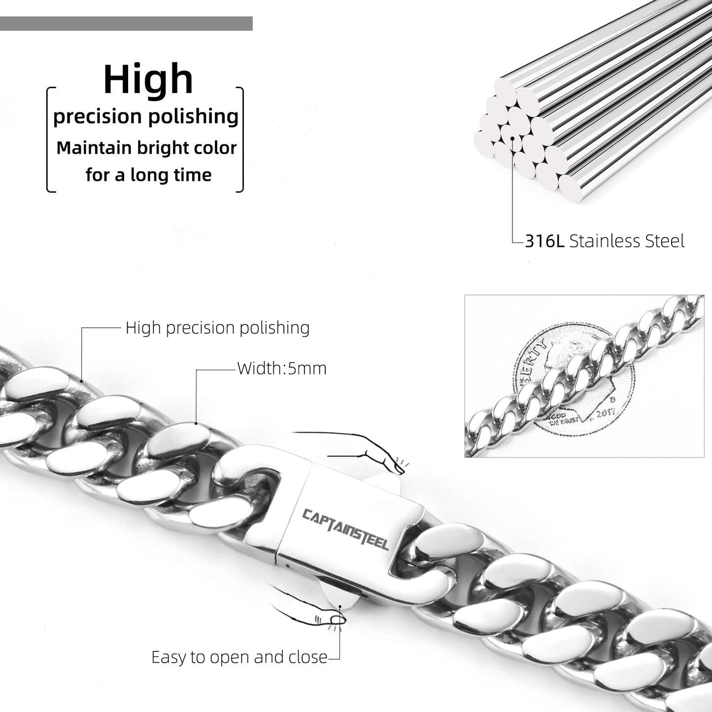 CaptianSteel Miami Cuban Chain Necklace for Men/Women,316L Stainless Steel 5/9MM Width 18/20/22/24Length Fashion Snap Button Hip