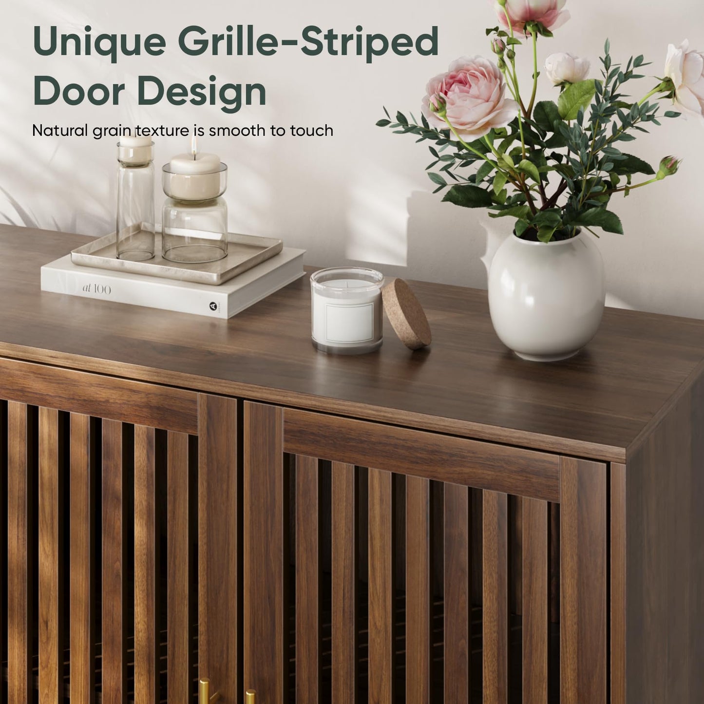 Smart FENDEE 63" Long Sideboard Buffet with 4 Louvered Doors, Farmhouse Buffet Storage Cabinet with Gold Handle, Coffee Bar Cabinet for Entryway, Kitchen, Dining Room, Living Room, Walnut Color