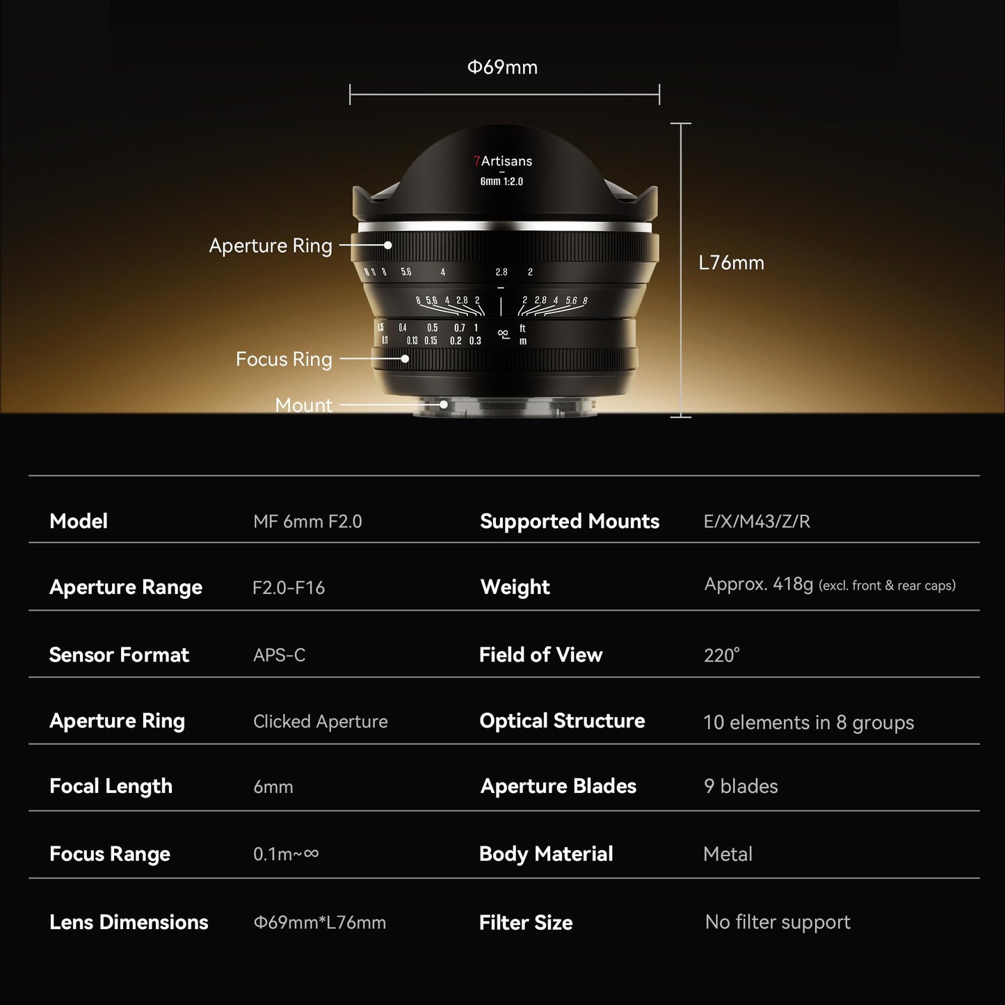 7artisans 6mm F2.0 APS-C Fisheye Ultra Wide Angle 220° Manual Focus Prime Lens Compatiable for Sony Mirrorless Cameras A6000/A5000/A3000/Nex Series a6700 nex-5t nex-3n nex-6 nex-5r nex-5n