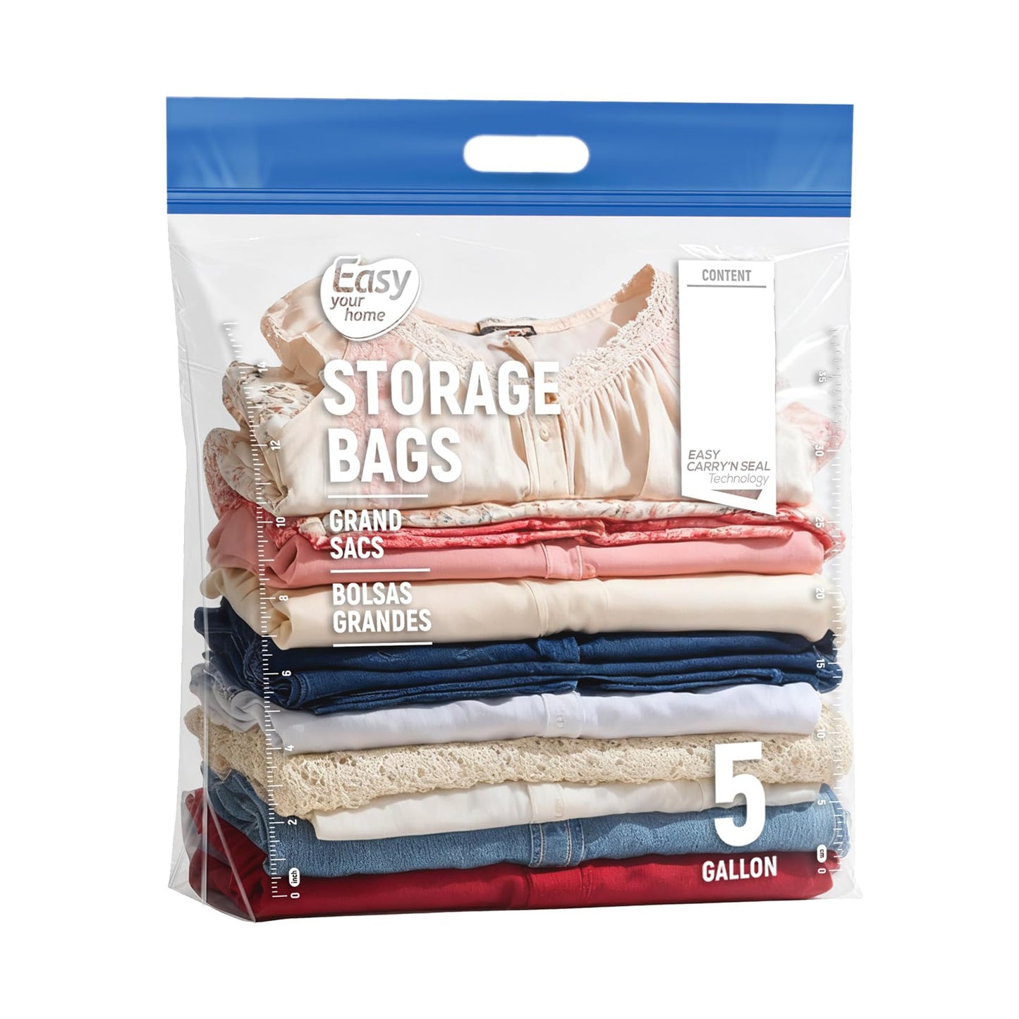 EASYYOURHOME 5PCS 5 Gallon Zipper Lock Plastic Bags with Handle and bottom,18"x23"+7",Extra Large Size Reusable Storage Bag with Double Zip for Clothing,Travel,Moving,Beach,BPA-Free,3-Mil Thick