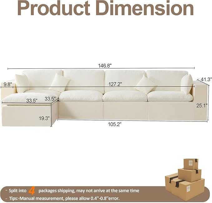 155''Cloud Boneless Modular Couch, Oversized Sectional Sofa Deep Seat with Ottomans, Modern Upholstered Convertible L Shape Couch Comfy 5 Seater Chenille Sofa Couches for Living Room, Beige