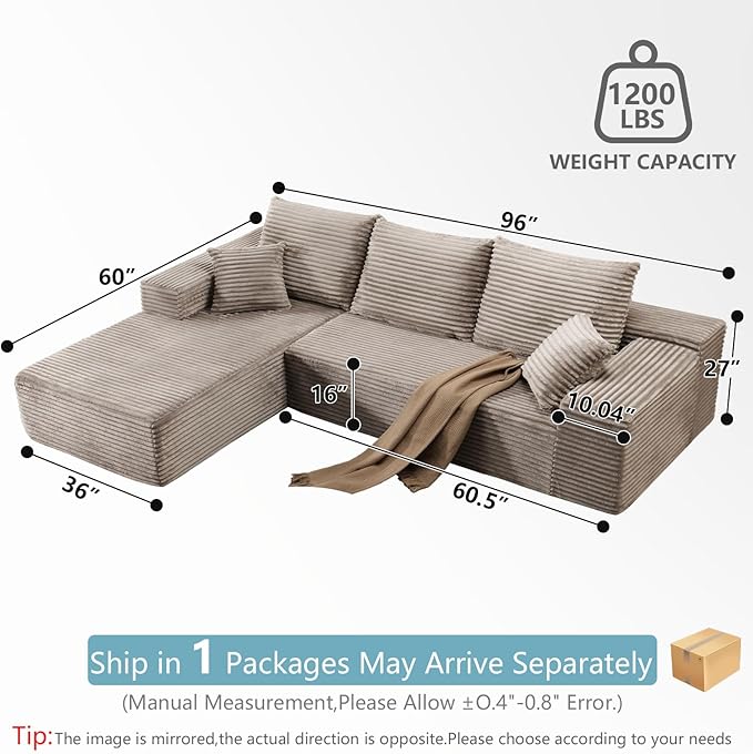 96" Cloud Sectional Couch with L-Shape Chaise, Modern Corduroy Boneless Couch for Living Room,Memory Foam Sofa with Deep Seat,No Assembly Required (Camel,Left-Facing Chaise)
