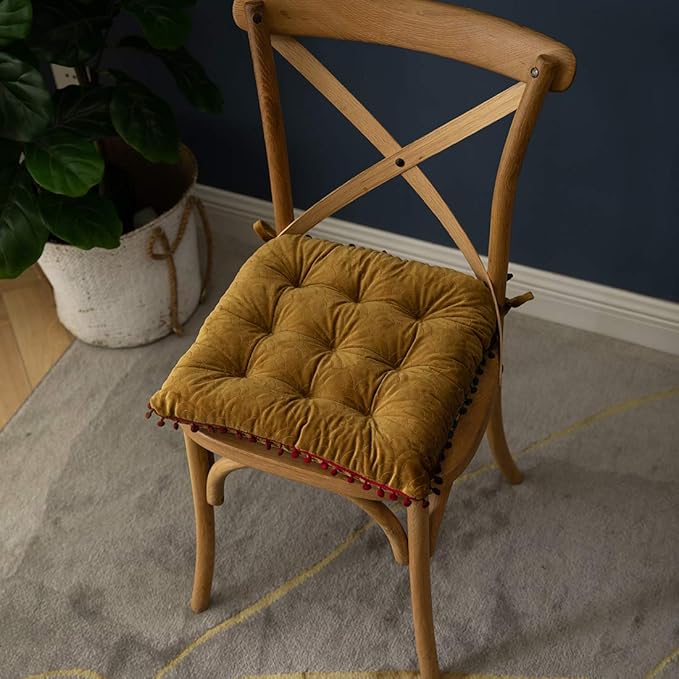 vctops Velvet Soft Square Chair Pad with Ties Cute Gradient Pom Pom Indoor Dining Chairs Cushion (Yellow, 16" x 16")