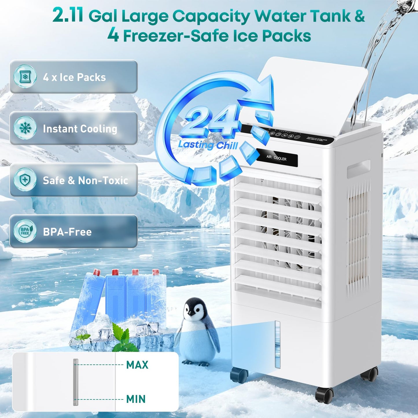 Portable Air Conditioners, Windowless Portable AC with 3 Speeds, 3 Modes, 8L Evaporative Air Cooler w/7H Timer, 90°Oscillation, Remote Control Air Conditioners for Bedroom, Small Room, Home (White)